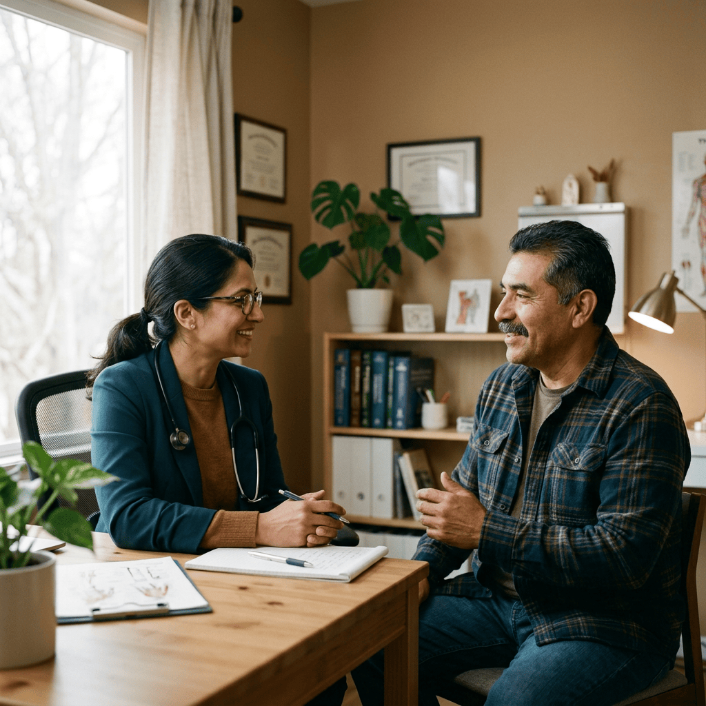 Doctor speaking with a patient at a clinic desk